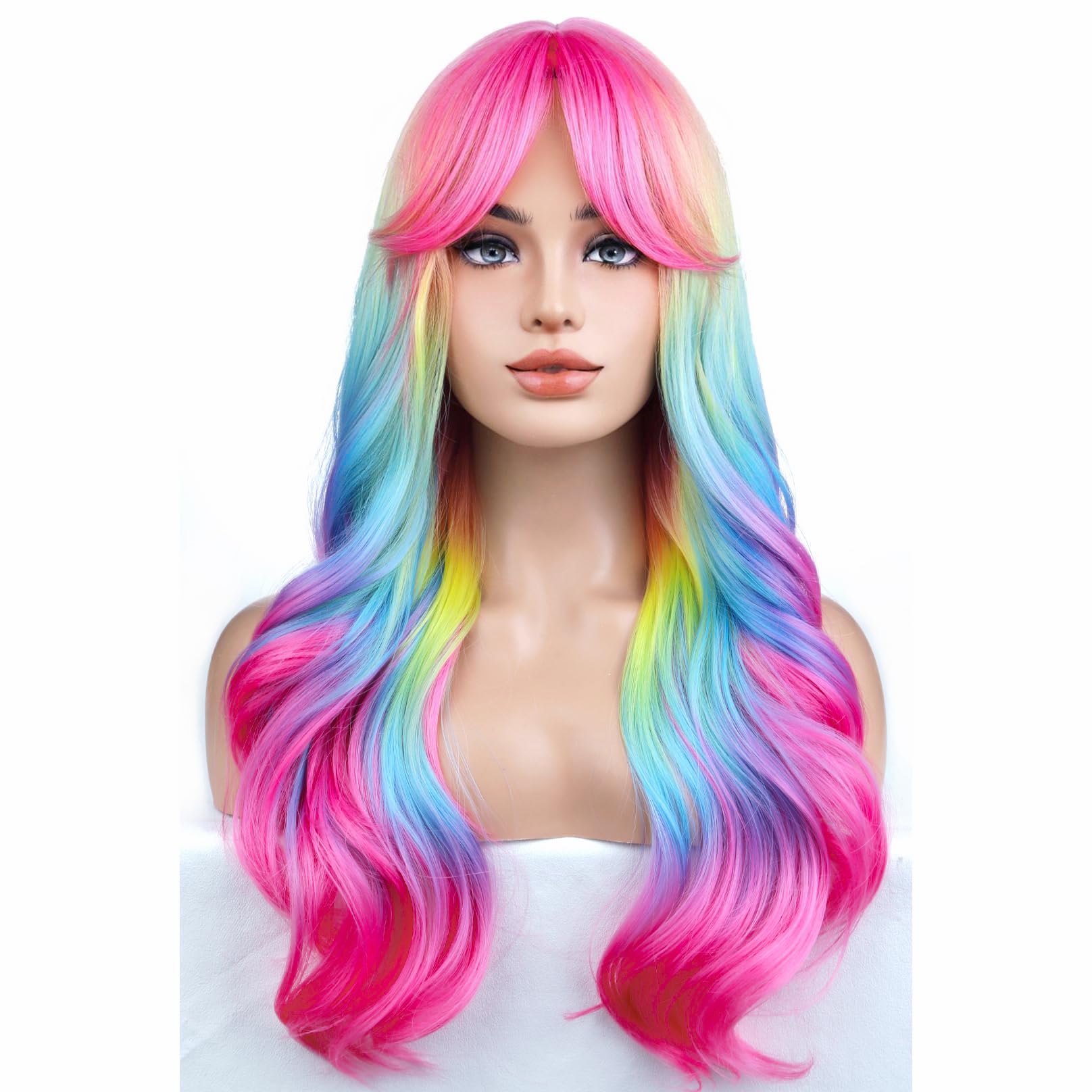 Photo 1 of BERON Rainbow Ombre Wigs Long Wavy Wig for Women with Bangs Colorful Ombre Costume Curly Heat Resistant Synthetic Hair Wigs
