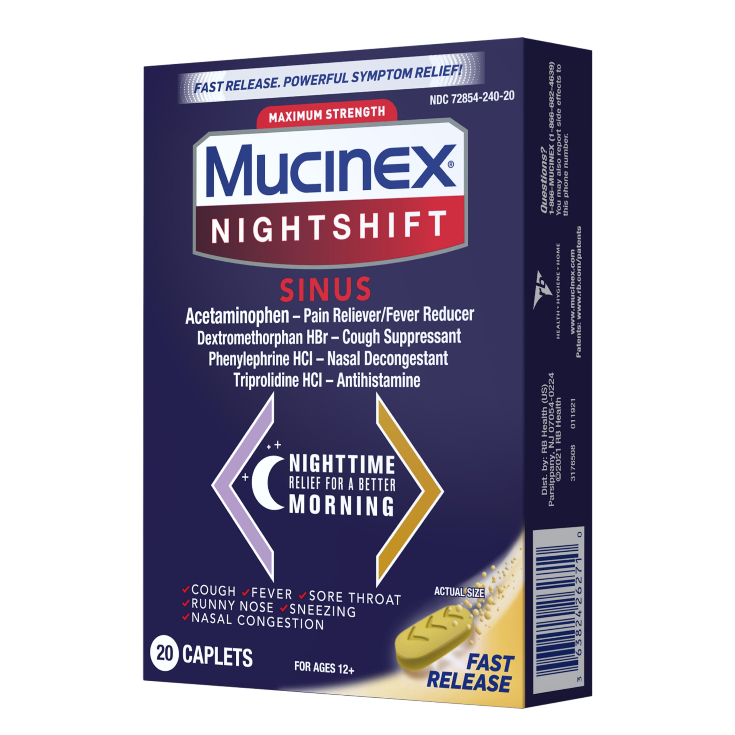 Mucinex Nightshift Sinus, Maximum Strength Powerful MultiSymptom Night Relief, 20 Fast Release Caplets Pain Reliever/Fever Reducer, Cough Suppressant, Nasal Decongestant & Antihistamine