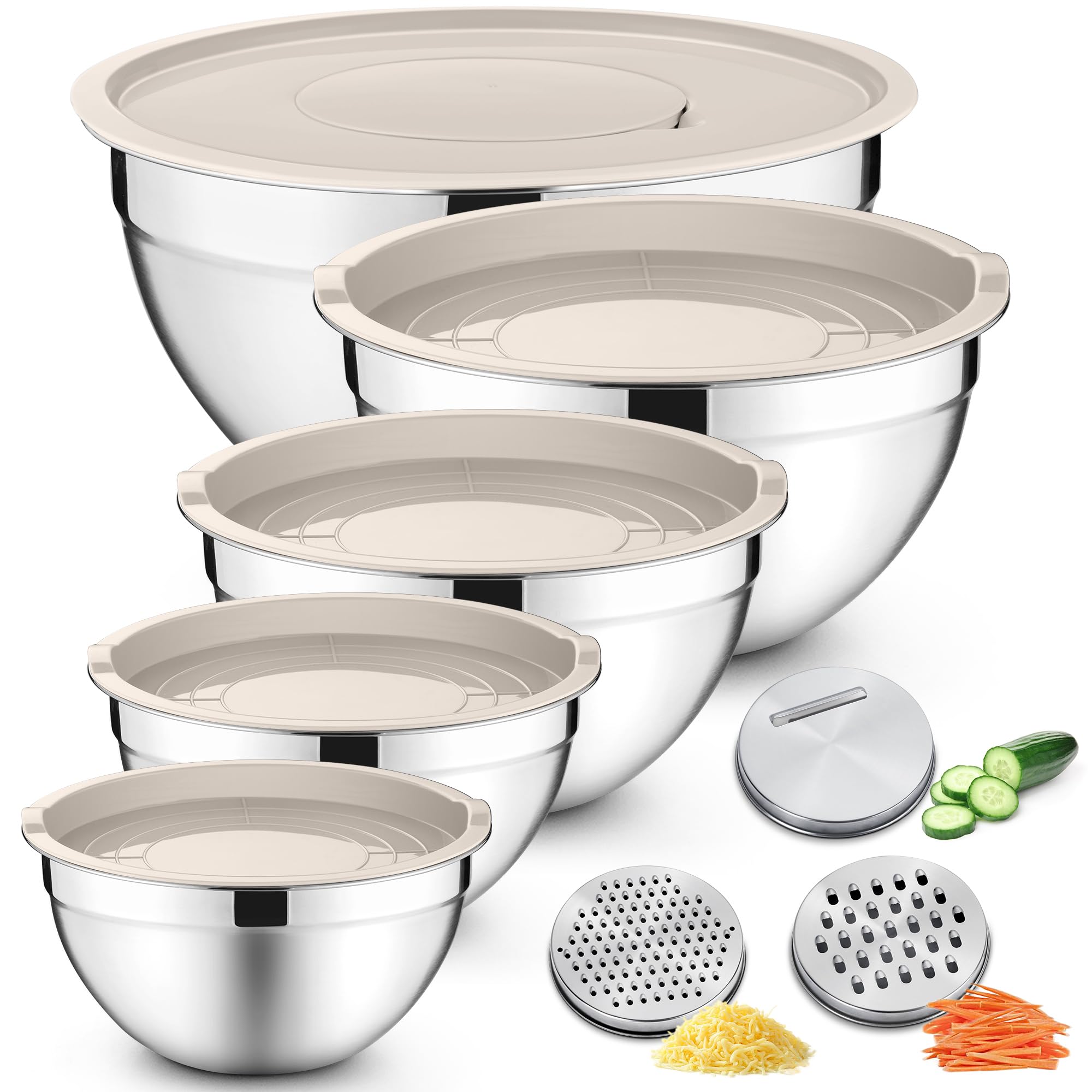 Joyfair Mixing Bowls Set of 5, Stainless Steel Nesting Salad Bowl with Airtight Lids, 3 Grater Attachments & Metal Storage Set for Baking Mixing Prepping, Size 0.7/1.2/1.6/2.5/2.8/4.6QT - Khaki