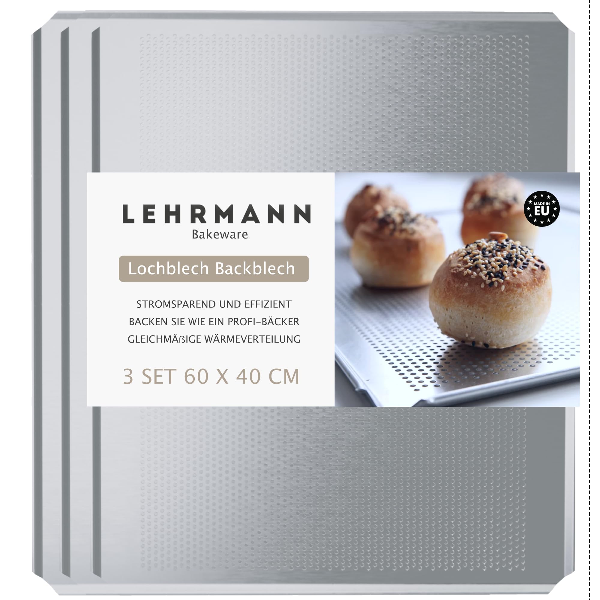LEHRMANN Perforated Sheet (3 pcs) 60 x 40 cm Baking Tray Plate Pastry Compartible/Replacement for MIWE WISHEU