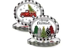 EggSun 50 Pcs Christmas Oval Paper Plates 10" x 12",Large Disposable Xmas Party Decorations Paper Tree and Truck Plates for Xmas Holiday New Year Dinner Party Supplies,50 Guests