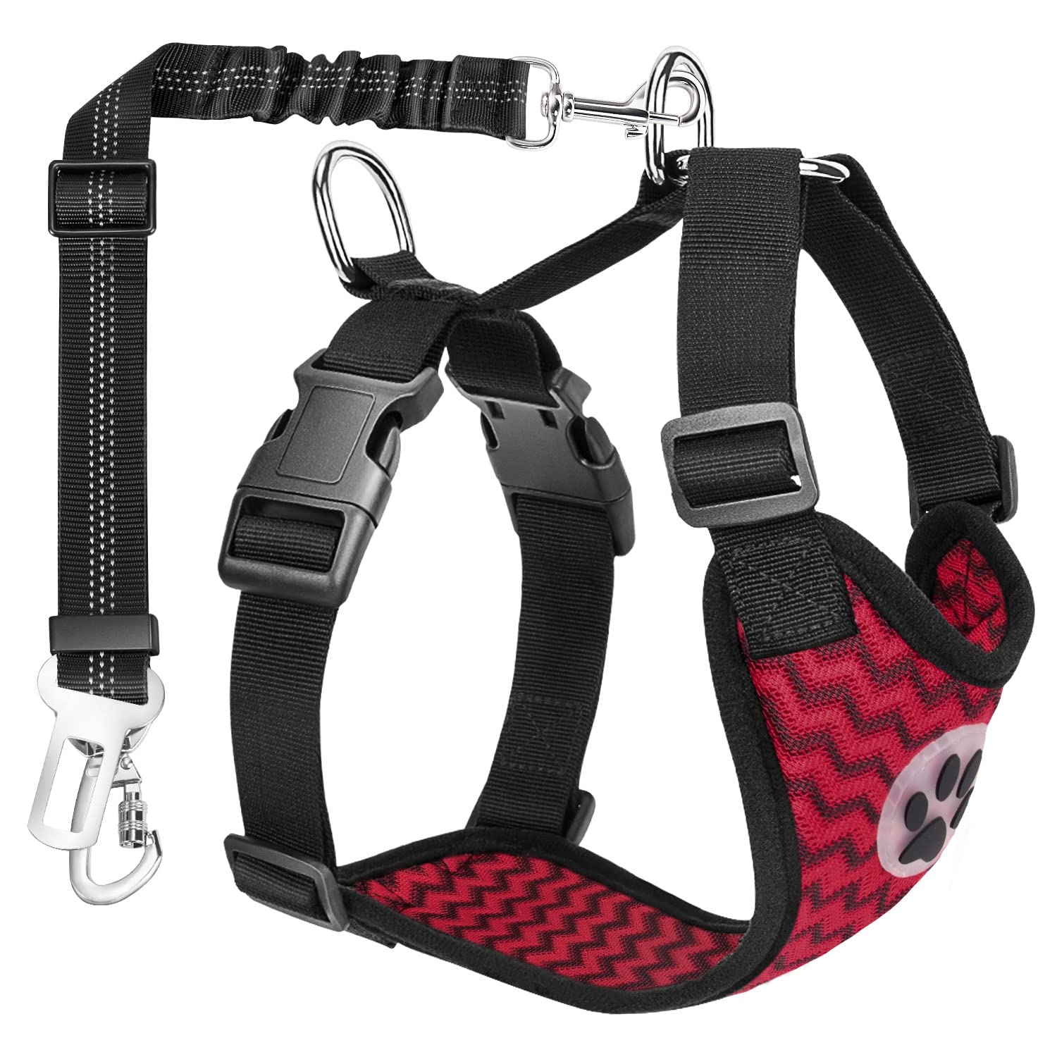Nasjac Dog Car Harness with Seat Belts, Safety Adjustable Dog Seat Belts for Cars with Clip and Buckle, Breathable Mesh Pet Vest Harness Seatbelts with Secure Elastic Buffer for Travel