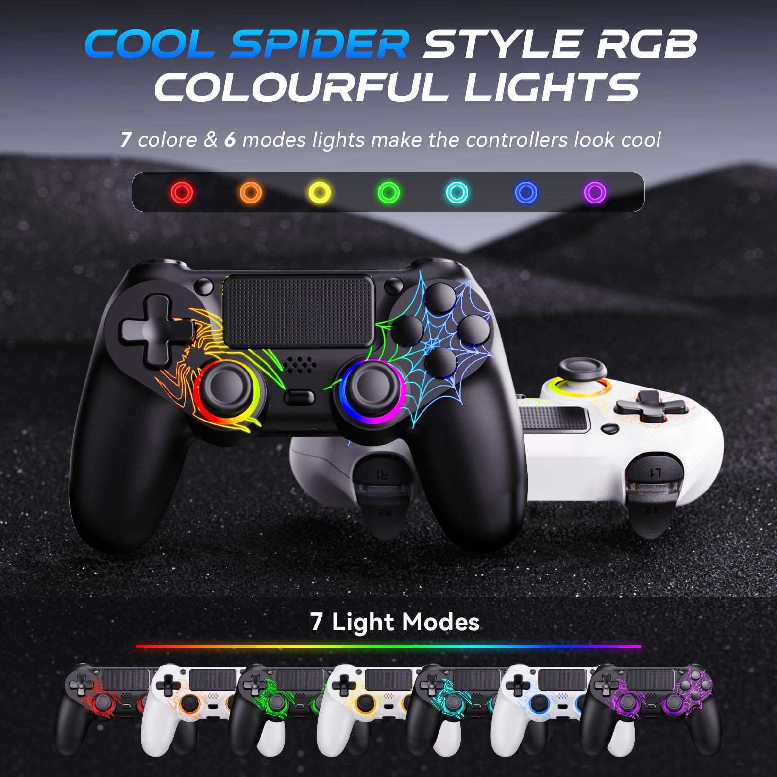 Fanyooge Controller for PS4, 2 Pack Spider Pattern RGB Controller for Ps4 with Hall Effect Joystick/1000mAh Battery/USB C/Dual Vibration/6-Axis Gyro/3.5mm Audio Jack