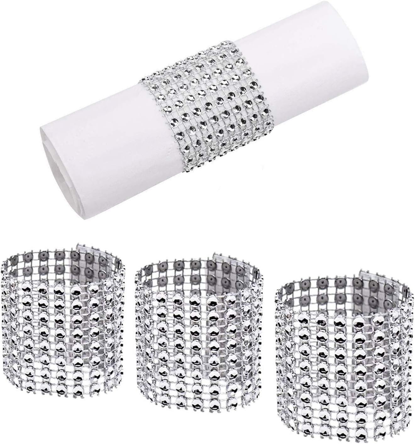XuanHuZhe 50PCS Rhinestone Napkin Rings Silver Napkin Mesh Sparkly Adornment for Wedding Party Birthday Supplies -DIY Chairs Sash Bows Tablecloth Cloth Paper Napkins