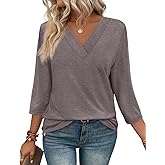 WIHOLL Womens Tops 3/4 Length Sleeve V Neck Casual Tunic Tops Basic Shirts Loose Fit Blouse