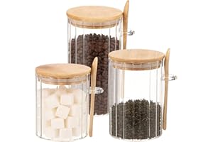 KHZSPP 3Pcs Glass Sugar Container with Bamboo Lid and Spoon,15oz 18.5oz 25.3oz 3Size Glass Overnight Oats Jar,Food Jar for Co