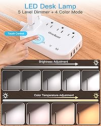 Power Strip with LED Desk Lamp, 3 Outlets 4 USB