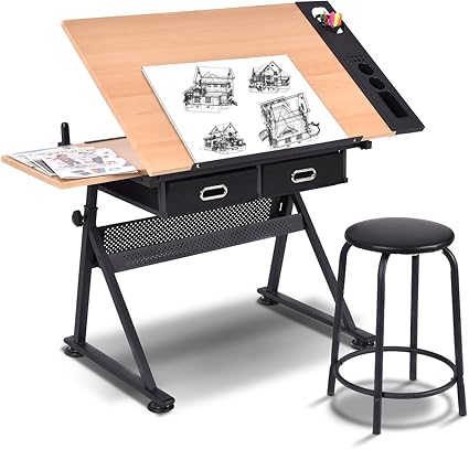 Costway Table A Dessin Inclinable Bureau A Dessin 15mm Mdf Avec Tabouret 2 Grands Tiroirs Hauteur Reglable 115x60x 65 90 5 Cm Noir Amazon Fr Cuisine Maison