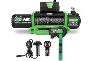 STEGODON Winch 13000lb Electric Winch 12V Winch with Synthetic Rope Car Trailer Winch with Green Hawse Fairlead Wireless Remote and Wired Handle for Truck SUV Jeep