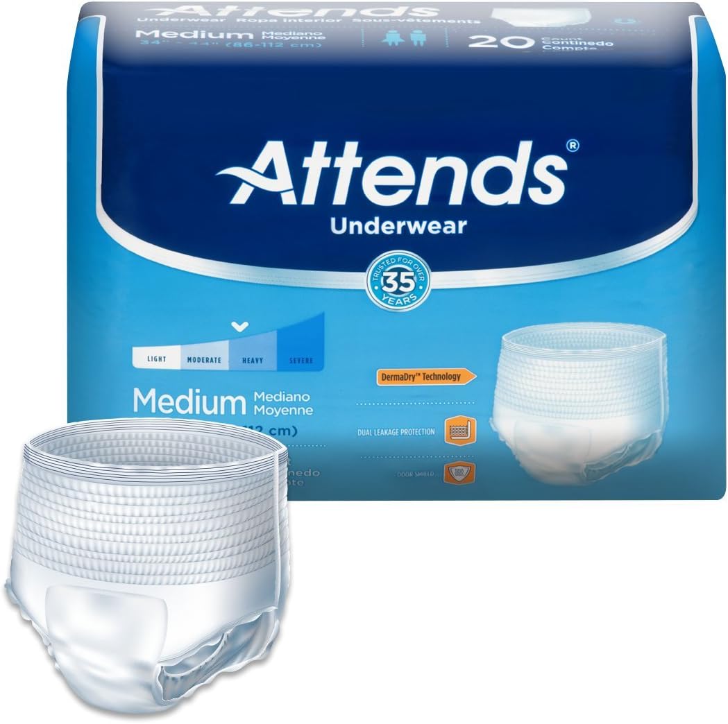 Attends Protective Underwear with DermaDry Technology for Adults Incontinence Care, Medium, Unisex, 20 Count (Pack of 4): Health & Personal Care