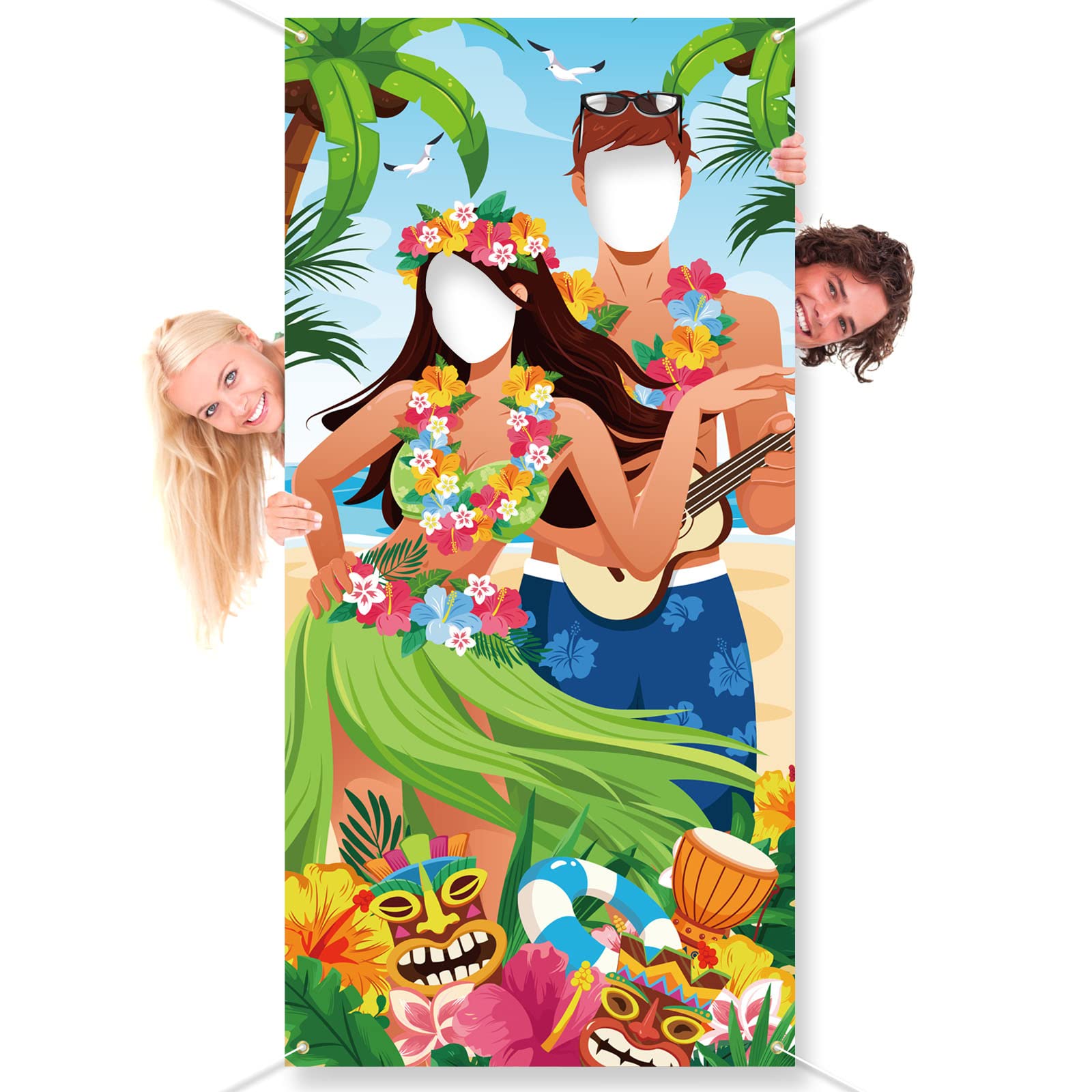DPKOW Funny Luau Couple Face Game Banner for Summer Hawaiian Party Photo Booth Prop Accessories, Tropical Luau Tiki Party Scene Backdrop Decoration Favors for Hawaiian BBQ Tiki Bar, 185 * 90cm