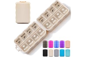 LANDNEOO Foldable Weekly Pill Organizer 2 Times a Day with 2 Extra Compartments (Clear Printed Labels) - Portable 7 Day AM PM Medicine Box, Week Daily Travel Pill Case Holder for Vitamin, Supplement - Khaki