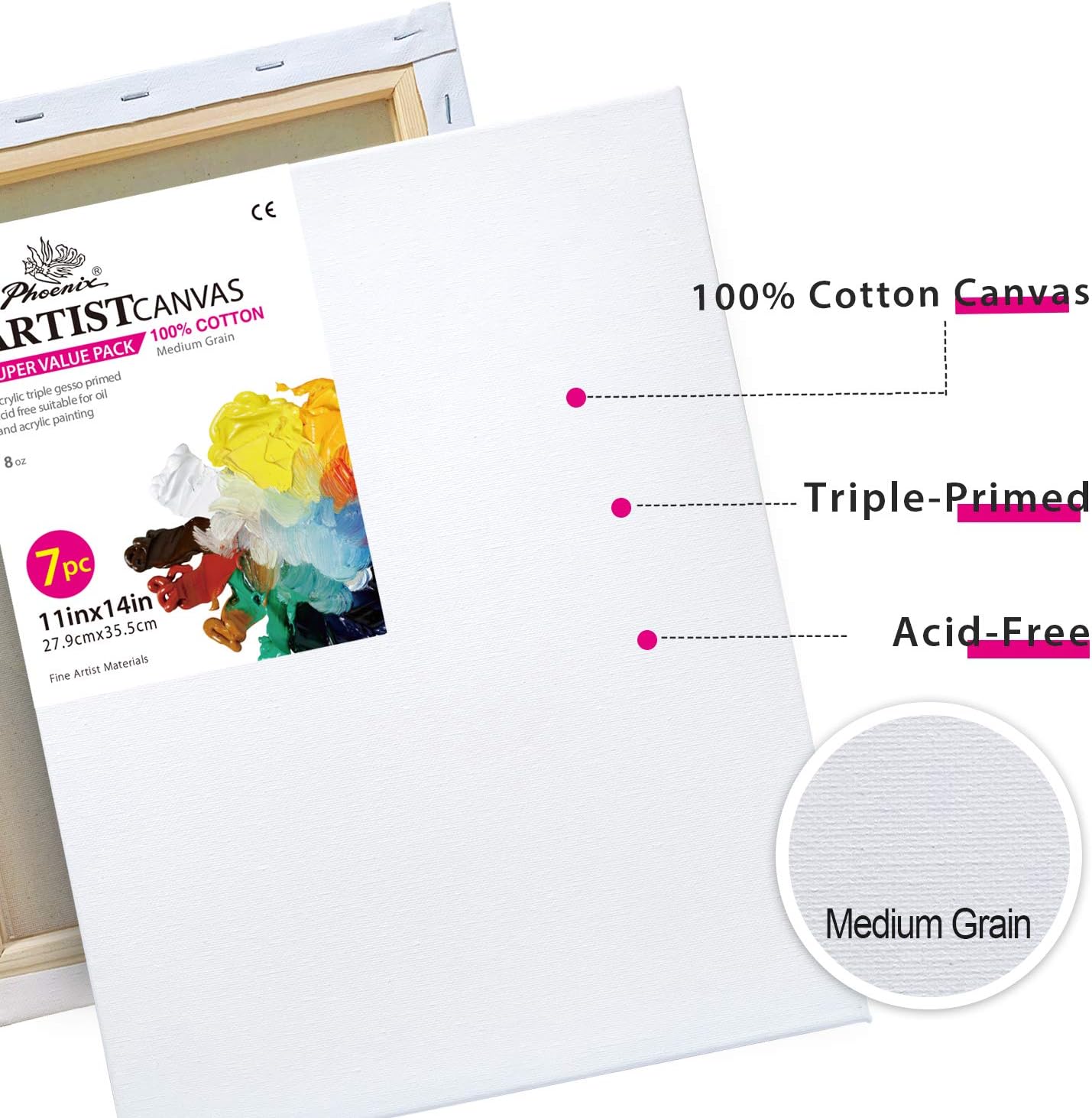 PHOENIX White Blank Cotton Stretched Canvas Artist Painting - 11x14 Inch / 7 Pack - 5/8 Inch Profile Triple Primed for Oil & Acrylic Paints