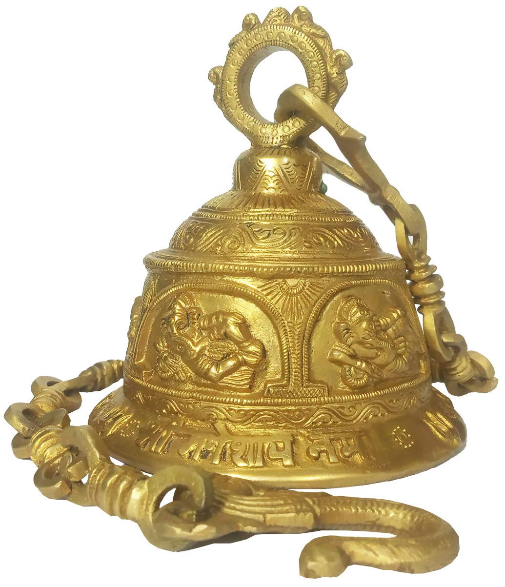 Purpledip Brass Temple Hanging Bell 5 Ganeshas: Rare Collection Sculpture with Mantra Chant Inscription (12174)
