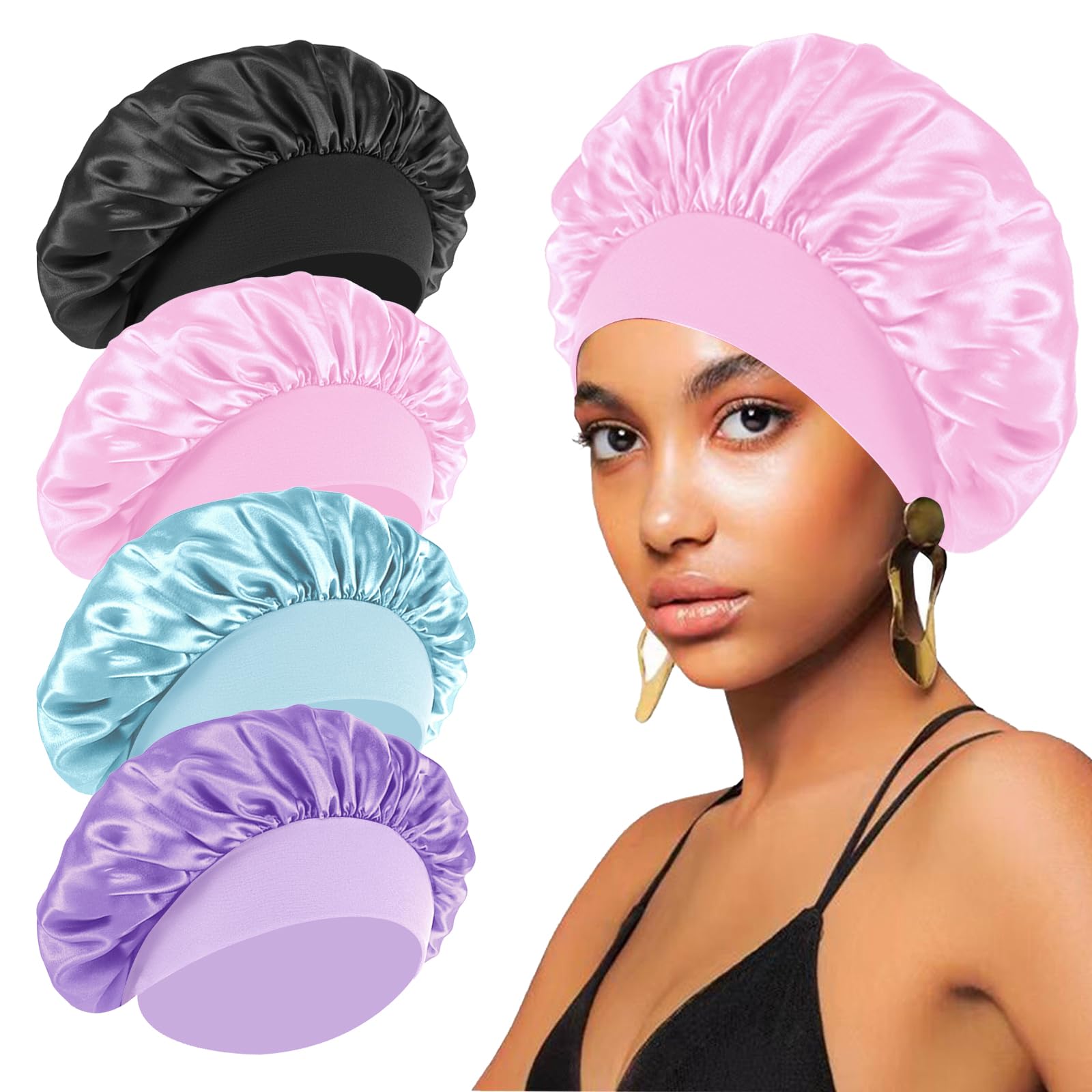 4PCS Silk Bonnet for Sleeping,Hair Wrap Satin Bonnets Shower Cap for Black Women Men, Elastic Wide Band Cap for Sleeping Curly Hair (Black & Blue & Pink & Purple)