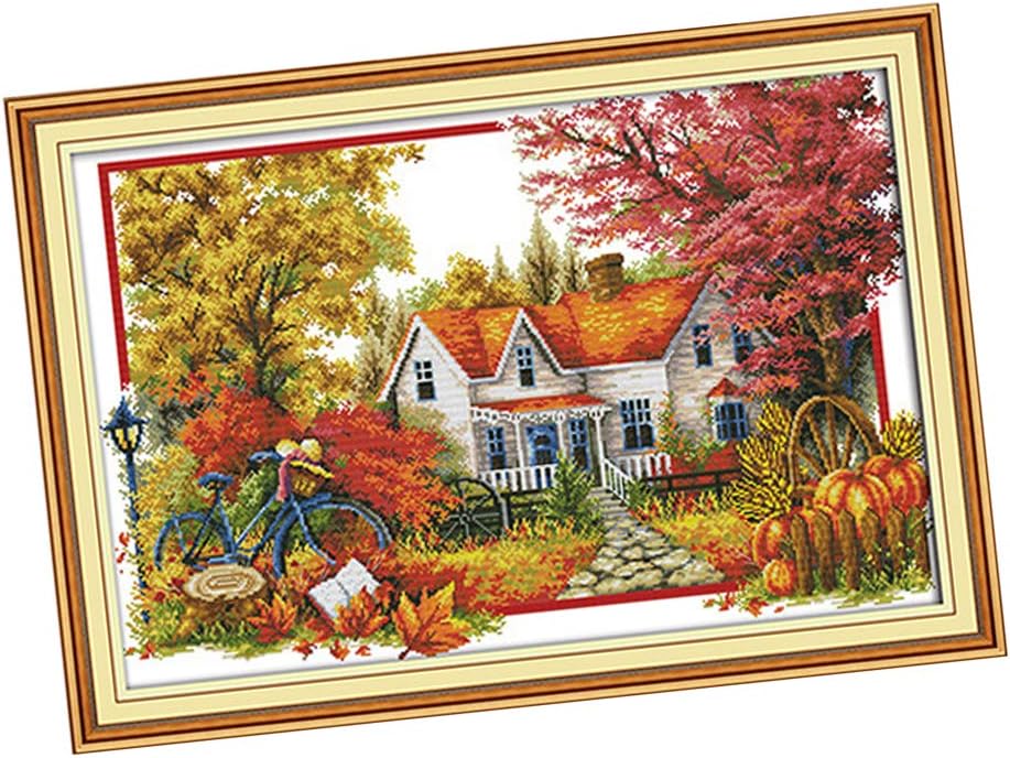 LoveinDIY Cross Stitch Stamped Kits Quilt Pre-Printed Cross-Stitching Patterns for Kids Adults, Embroidery Crafts Needlepoint Starter Kits, Autumn Country House