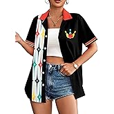 Bowling Shirts Women Hawaiian Bowling Shirt Bowling Lover Gift Tops Bowler Button Down Short Sleeve Tee