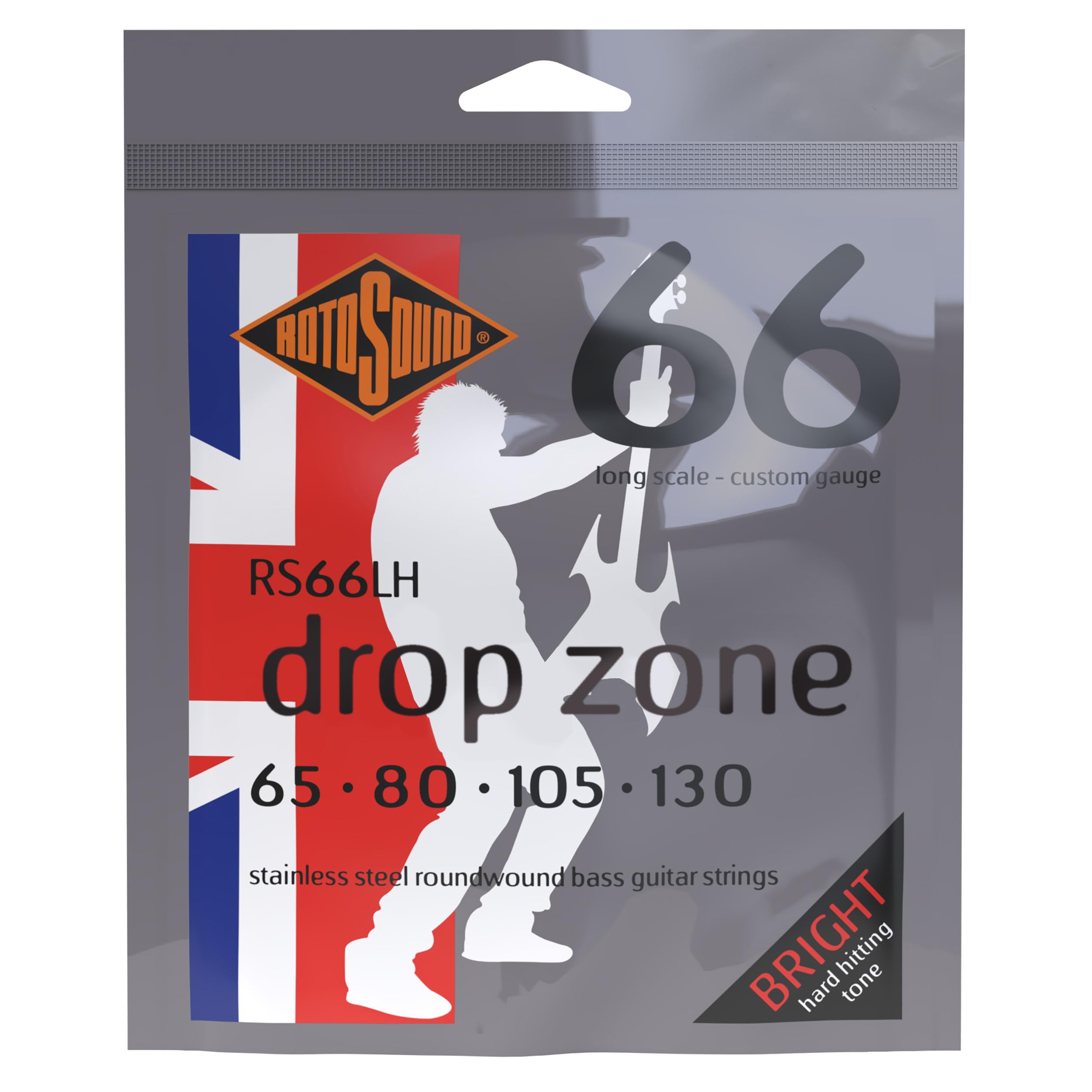Rotosound RS66LH Stainless Steel Custom Gauge Roundwound Bass Strings,White Black Red Blue (65 80 105 130),Small Medium Large X-Large 2X-Large