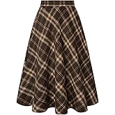 Belle Poque Women Plaid Skirt with Pockets Midi Length High Elastic Waisted Vintage A Line Fall Winter Skirts for Work