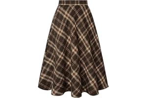 Belle Poque Women Plaid Skirt with Pockets Midi Length High Elastic Waisted Vintage A Line Fall Winter Skirts for Work