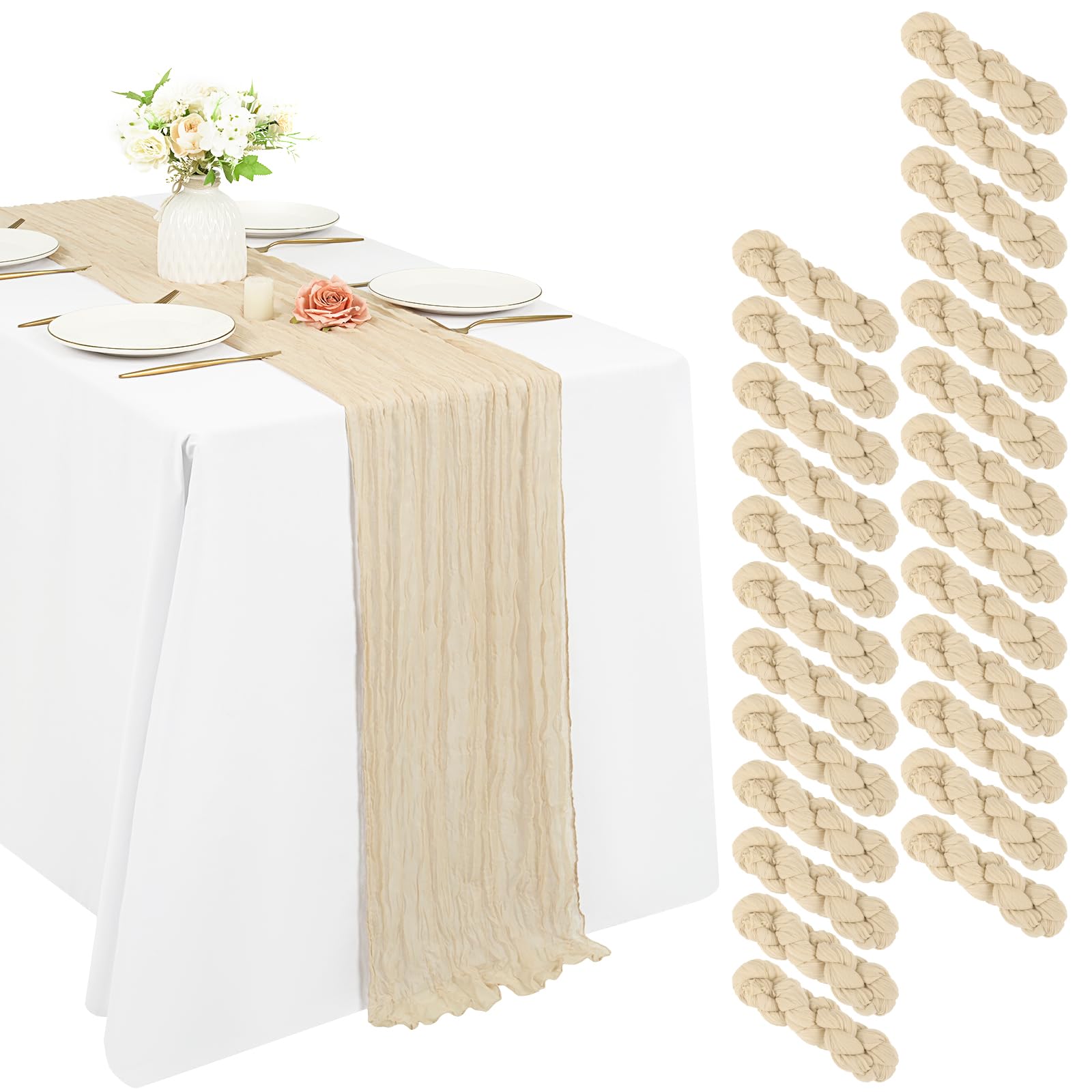 Photo 1 of 25 Pack Cheesecloth Table Runner 20 x 120 inch Long Boho Gauze Table Runners 10FT Semi Sheer Table Runner for Wedding Decor, Baby Shower, Birthday Party, Banquet (Beige)