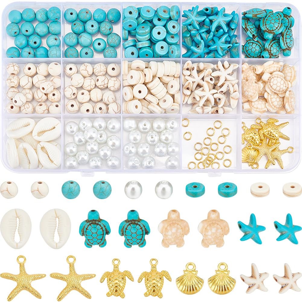 SUNNYCLUE 1 Box 292Pcs Sea Turtle Beads Seashell Starfish Beads Lucky Turquoise Bead Ocean Summer Hawaii Sea Animal Beaded Shell Charms for Jewellery Making Beading Kits Women DIY Craft Gift Supplies