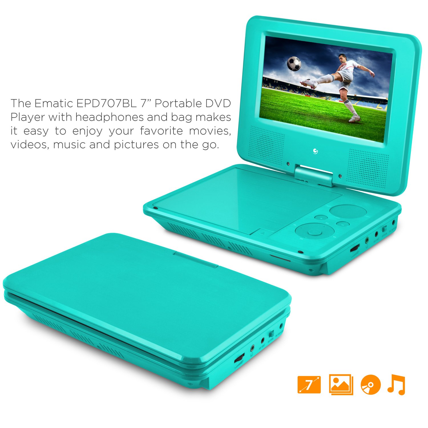 Ematic Portable DVD Player 7Inch High Resolution LCD Display, ONThe