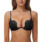 Pattsiao Women's Push Up Bra Deep V Plunge Sexy Cleavage Low Cut Back Underwire Bras Leopard Lace Convertible Multiway