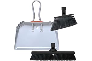 SWOPT Angled Broom Head + Push Broom Head + 17” Steel Dustpan – Multi-Surface Cleaning Kit Interchangeable with All SWOPT Cleaning Products for More Efficient Cleaning and Storage