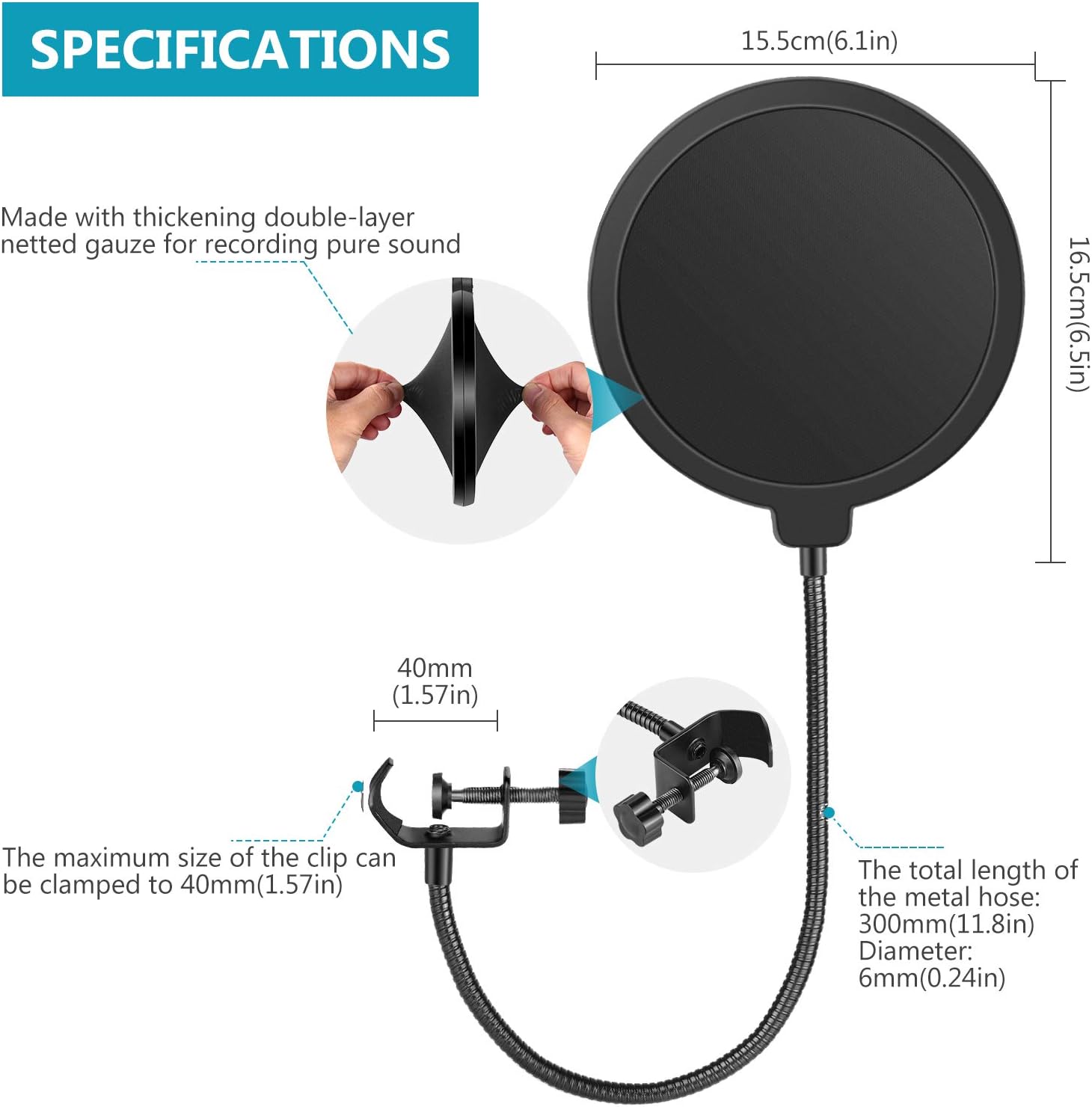 Neewer Professional Microphone Pop Filter Shield Compatible with Blue Yeti and Any Other Microphone, Dual Layered Wind Pop Screen With A Flexible 360 Degree Gooseneck Clip Stabilizing Arm: Musical Instruments