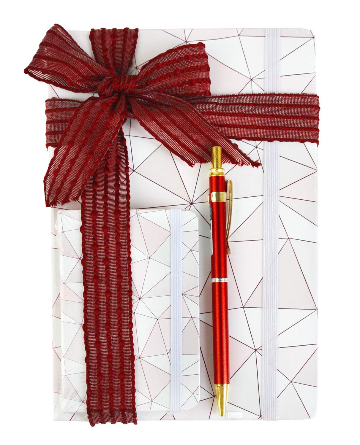 Emartbuy Cool Stationery Unique Gift Set with A5 Notebook, A7 Notebook, Mechanical Pencil and Ribbon - Geometric Marble Pink/White