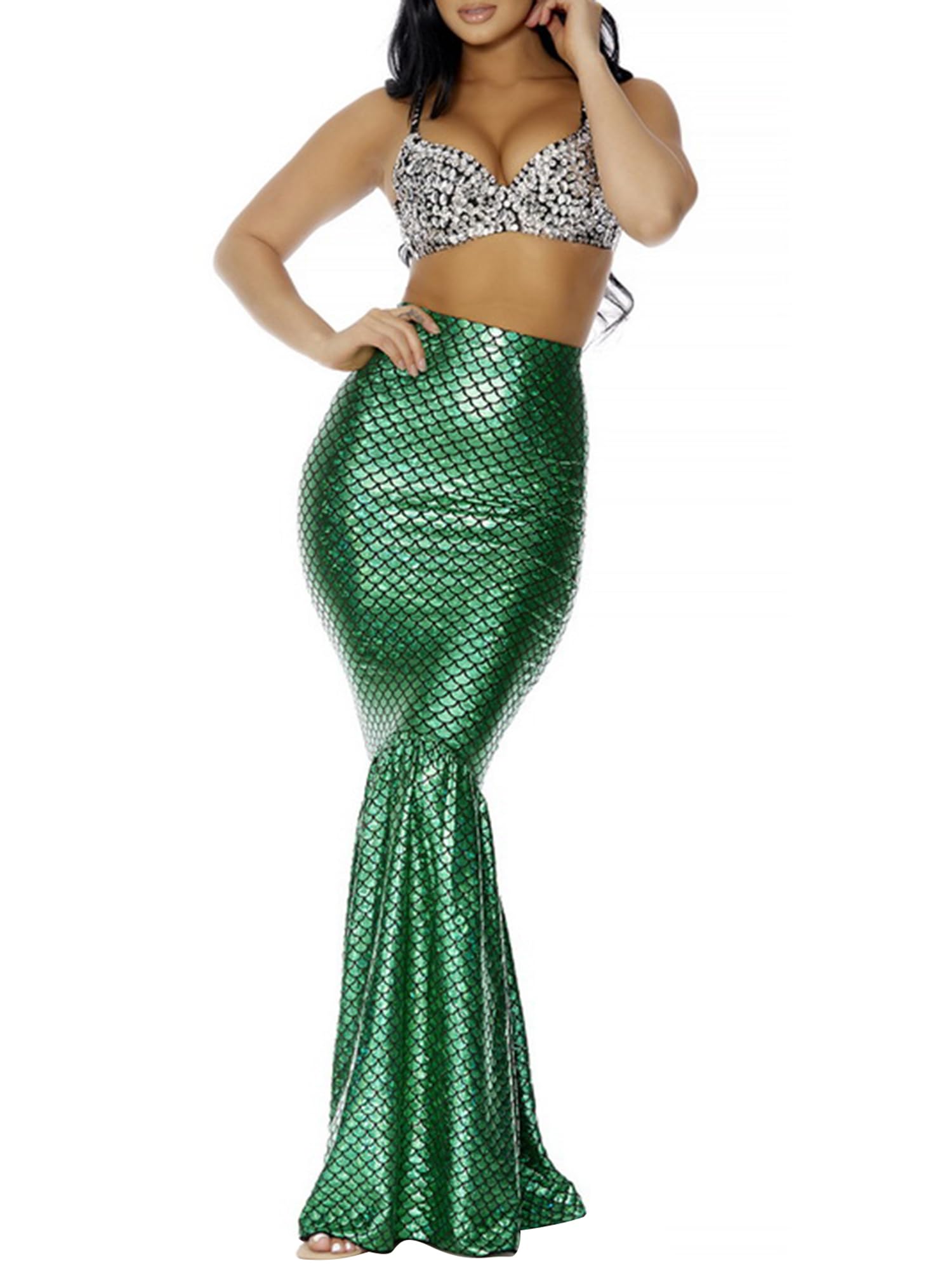 Felcia Womens Halloween Mermaid Costumes High Waist Bodycon Fishtail Skirt for Cosplay Masquerade Role-Playing Party Outfits (A-Green, L)