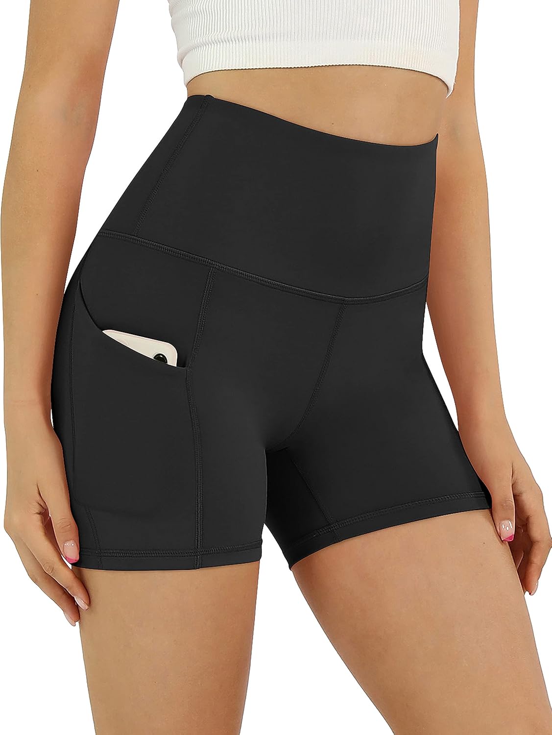 ODODOS Women's High Waist Biker Shorts with Pockets, Tummy Control Non See Through Workout Running Yoga Shorts: Clothing