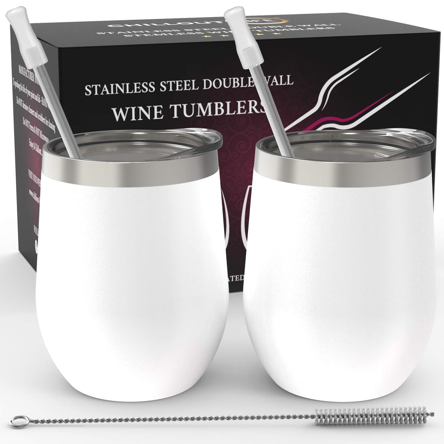 CHILLOUT LIFE Stainless Steel Wine Tumblers 2 Pack 12 oz - Double Wall Vacuum Insulated Wine Cups with Lids and Straws Set for Coffee, Wine, Cocktails (White)