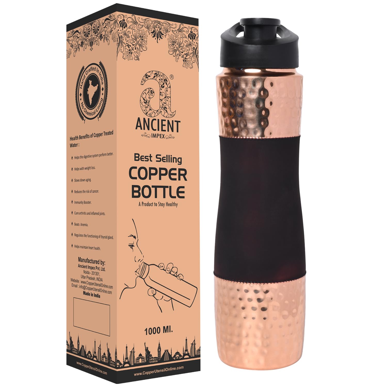 ANCIENTIMPEX Pure Copper Water Bottle Sipper - 1000 Ml (33.81 FL Oz) Leak-proof Ayurveda Drinking Bottle for Health & Hydration – Dark Cherry