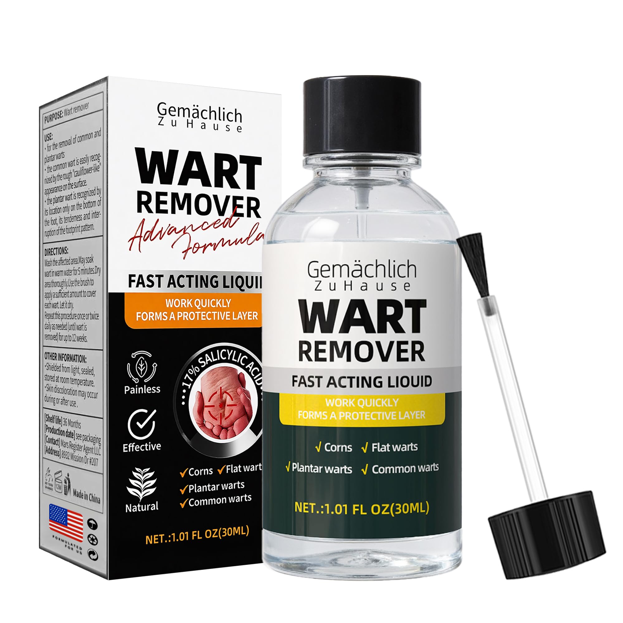 Gemächlich Zu Hause Wart Remover Liquid: Fast-Drying Treatment for Common & Plantar Warts on Hands & Feet