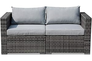 Patiorama Outdoor Wicker Loveseat 2 Pieces, All Weather Grey PE Rattan Sectional Corner Sofa Set, Additional Extra Chairs for Outdoor Sectional Sofa Set, Light Grey Cushion
