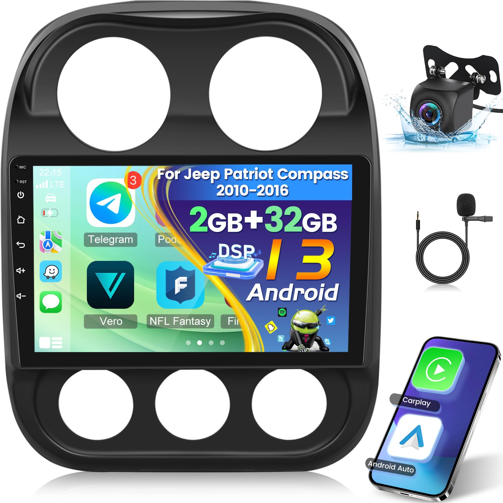 Photo 1 of 2+32G 10.1 inch Android Car Stereo for Jeep Patriot Compass 2010-2016 with Wireless Carplay and Android Auto Touch Screen DSP Audio GPS WiFi Mirror Link + AHD Backup Camera and Mic