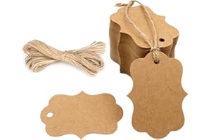 G2PLUS Blank Gift Tags with String, 100PCS Kraft Paper Hang Tags, 2.8x2 in Brown Hanging Price Tag, Wedding Favors Tag for Gift Wrapping, DIY Arts & Crafts, Christmas, Merchandise