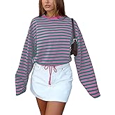 Vivitulip Women’s Casual Striped Sweatshirt Relaxed Fit Round Neck Long Sleeve Drawstring Cropped Pullover Tops