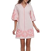 D-Sun Women Floral Embroidery Mini Dress 3/4 Puff Sleeves V Neck Tunic Mini Dress Zip Party Dresses