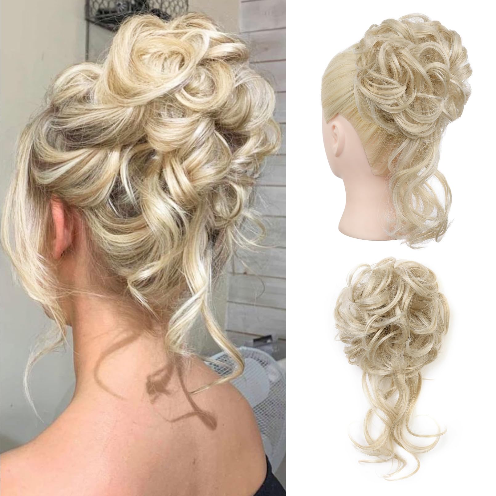 REECHO Messy Bun Hair Piece, Tousled Updo Elastic Hair Bun Hair Piece for Women Synthetic Messy Hair Bun Donut Accessories Scrunchies - Natural Blonde