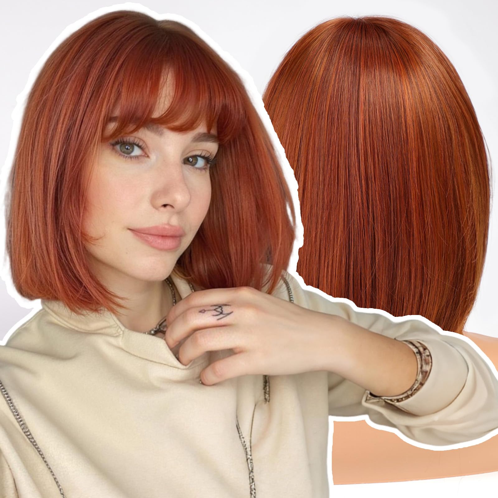 Workstar Auburn bob Wigs for Women Synthetic Wig with Fringe