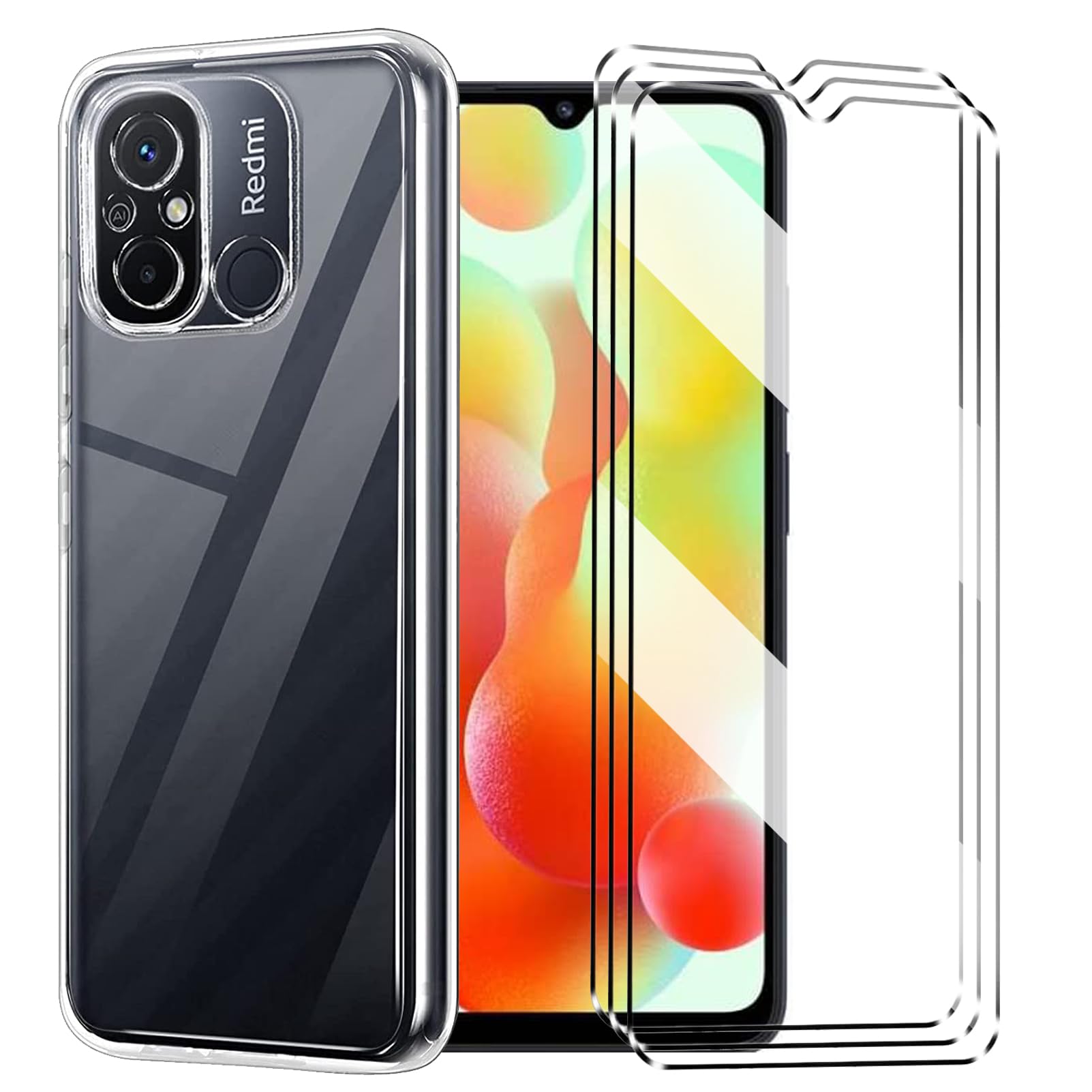[4 in 1] Case Compatible with Redmi 12C Cover with 3 Pack Tempered Glass Screen Protector for Redmi 12C, Slim Fit Soft TPU Shockproof Anti-Scratch Phone Case Cover - Clear