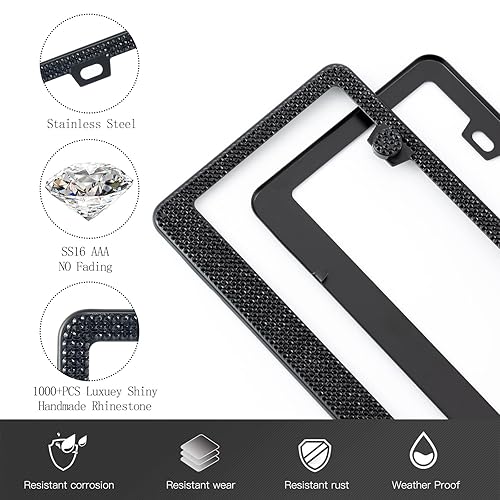2 Black Metal Diamond Bling Glitter License Plate Frame Cover Crystal RhineStone - Foto 6