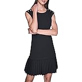 Karl Lagerfeld Women's Crew Neck Buttons on Shoulder Pleated Skirt Scuba Crepe A-line Dress