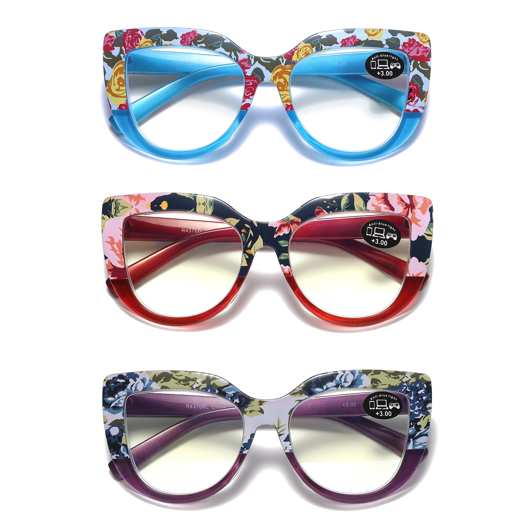Photo 1 of 100 CLASSIC 3-Pack Oversized Cat Eye Blue Light Filtering/Anti-Glare Reading Glasses for Women Spring Hinges Floral Pattern Readers Ladies Fashion Eyeglasses (2.00+)