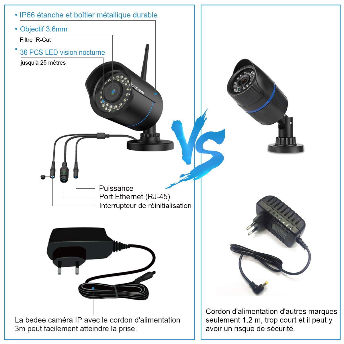 IP Camera Exterieur, Camera de Surveillance Exterieur WiFi sans Fil, HD 1080P Etanchéité IP66, Visibilité Nocturne à 25m, Détection de Mouvements pour Extérieur, Max la Carte SD jusqu\'à 128G