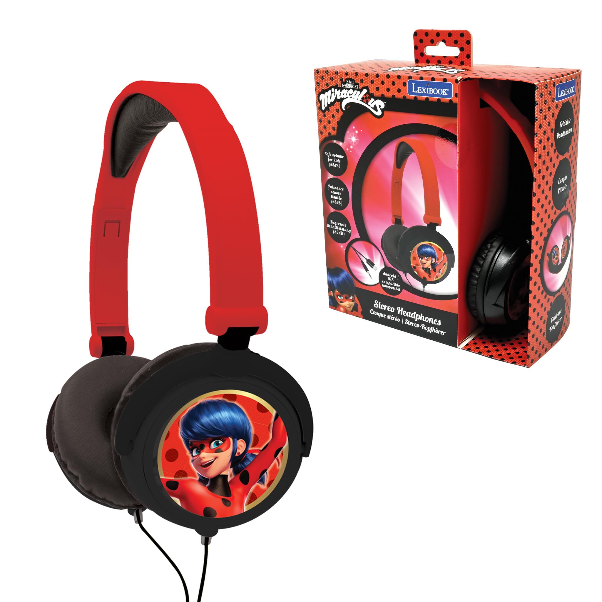 LEXIBOOK, Miraculous Ladybug Cat Noir, Stereo Headphones, kids safe volume, foldable and adjustable, red, HP015MI