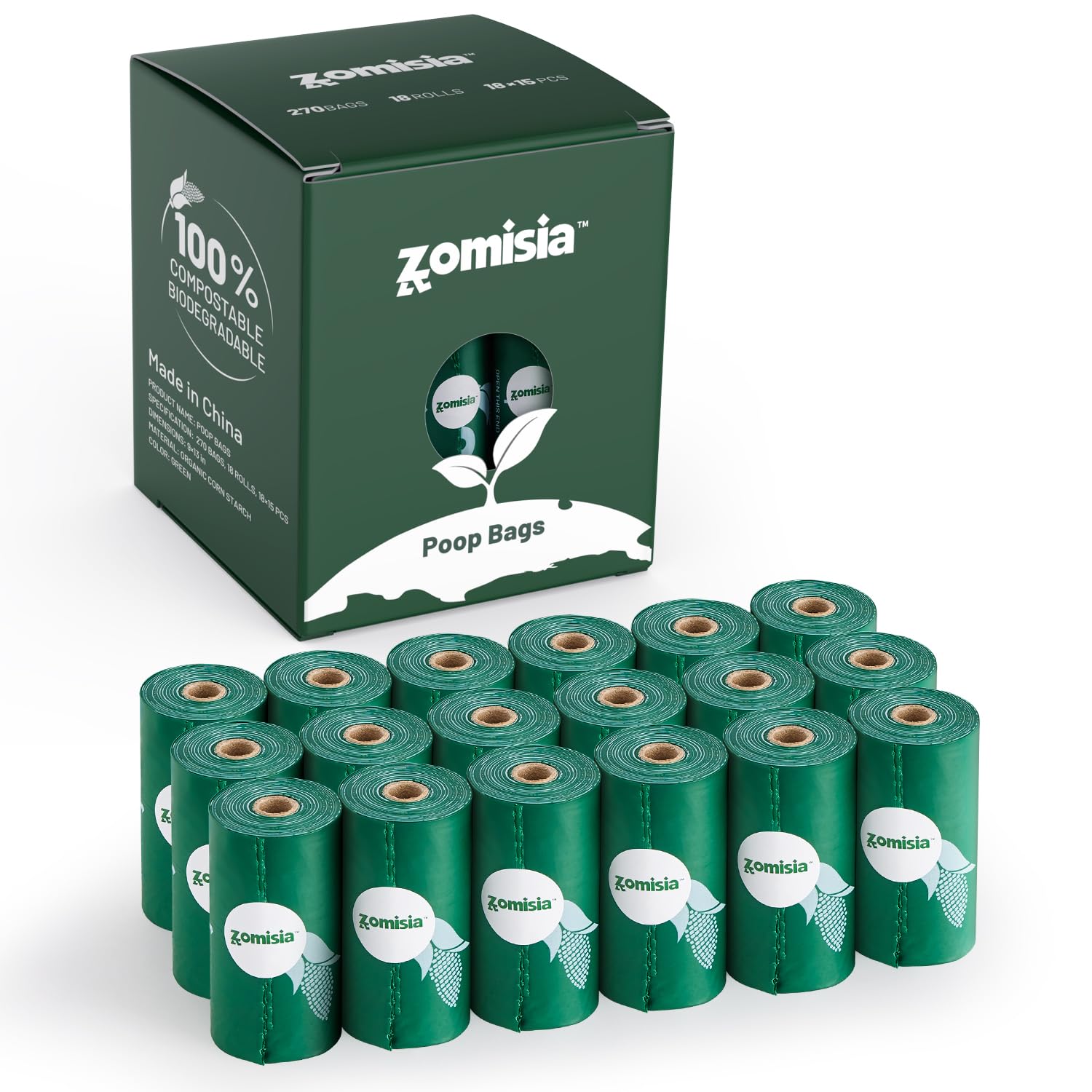 ZOMISIA 100% Certified Compostable Dog Poop Bags - Unscented Dog Waste Bags 18 Rolls, Extra Thick 100% Leakproof, BPI (ASTM D6400) Certified Poop Rolls, 270 Bags